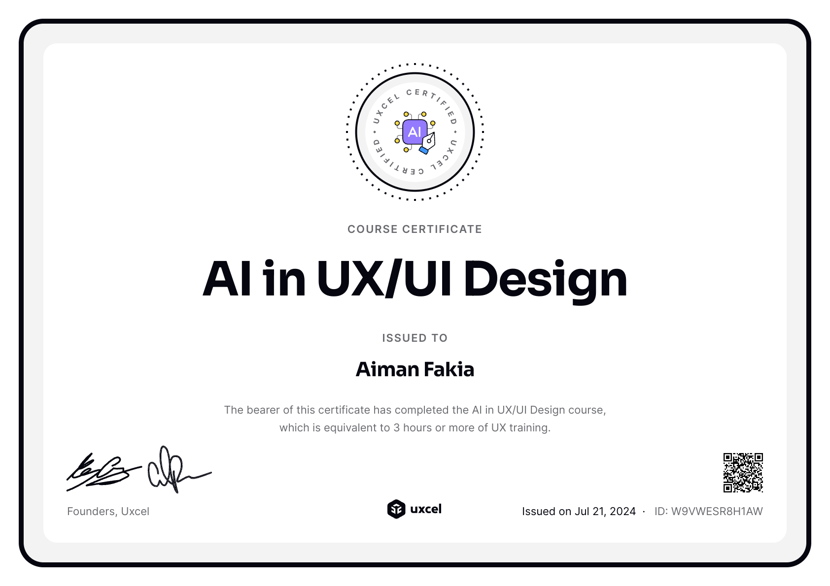 Aiman Fakia's certificate